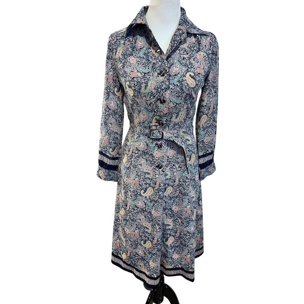 Vintage Style Paisley Floral Midi‎ Shirtdress Navy Blue Long Sleeve Belted M